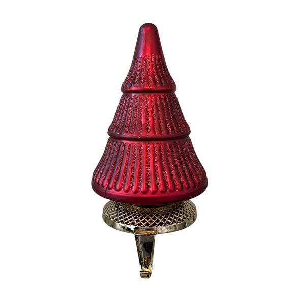 NEIMAN MARCUS Matte Christmas Tree Stocking Holder Holiday Red Glitter New - Picture 2 of 12